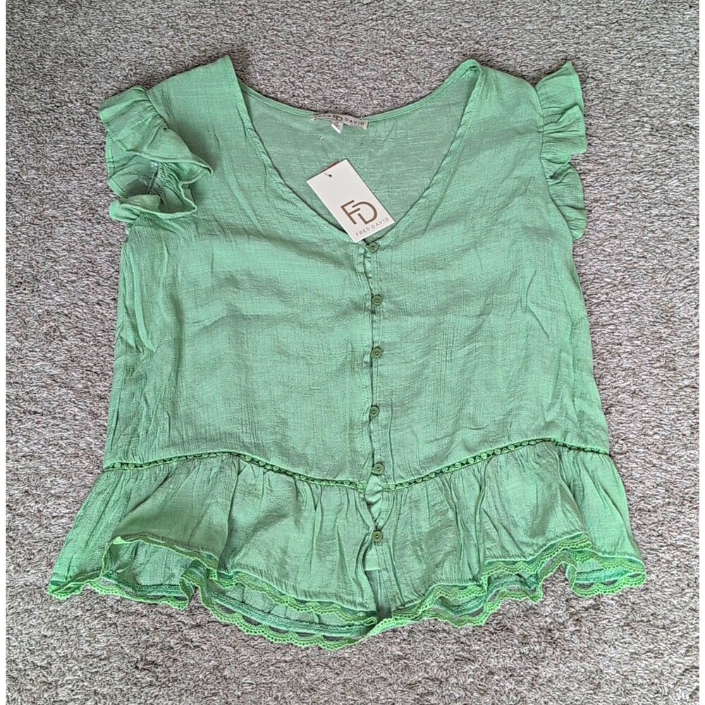Fred David Green Solid Blouse Women's M V-Neck Ruffle Sleeve Lace Trim Button
